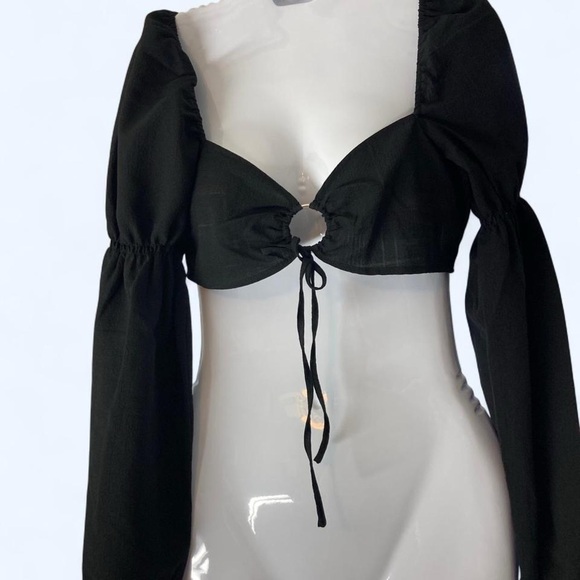 H&M Black Long Sleeve Crop Blouse with Keyhole Tie Front S - Picture 1 of 3